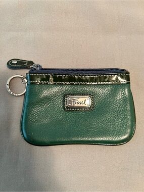 Vintage Fossil Green Leather Zippered Keyring Coin Pouch with ID Window